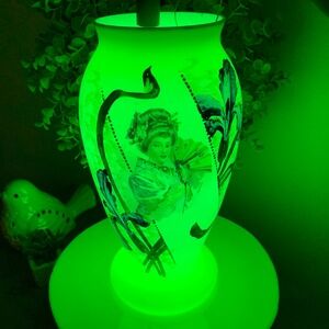 Antique Hand Painted Victorian French Opaline Uranium Vase